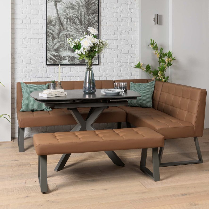 Woods Saturn 130-190cm Motion Table Dark Grey & Rubix Corner Bench With Low Bench in Tan