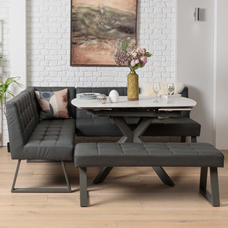 Woods Saturn 130-190cm Motion Table White & Rubix Corner Bench With Low Bench in Grey