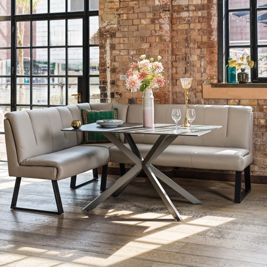 Woods Saturn 130-190cm Motion Table Dark Grey & Sonoma Corner Bench in Putty