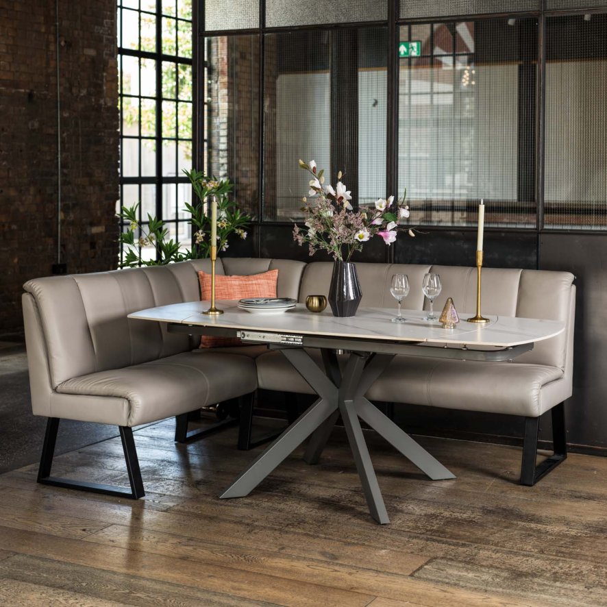 Image of Saturn 130-190cm Motion Table White & Sonoma Corner Bench in Putty