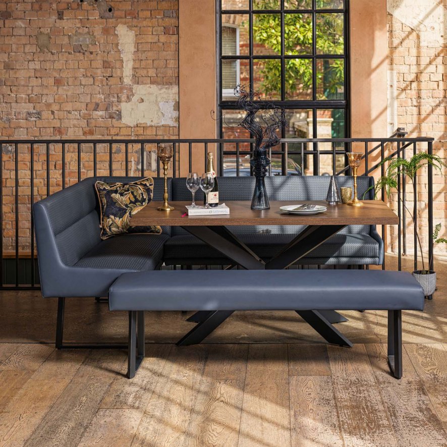 Woods Jupiter Dining Set - Dark Oak - With RHF Corner Bench & Low Bench in Blue