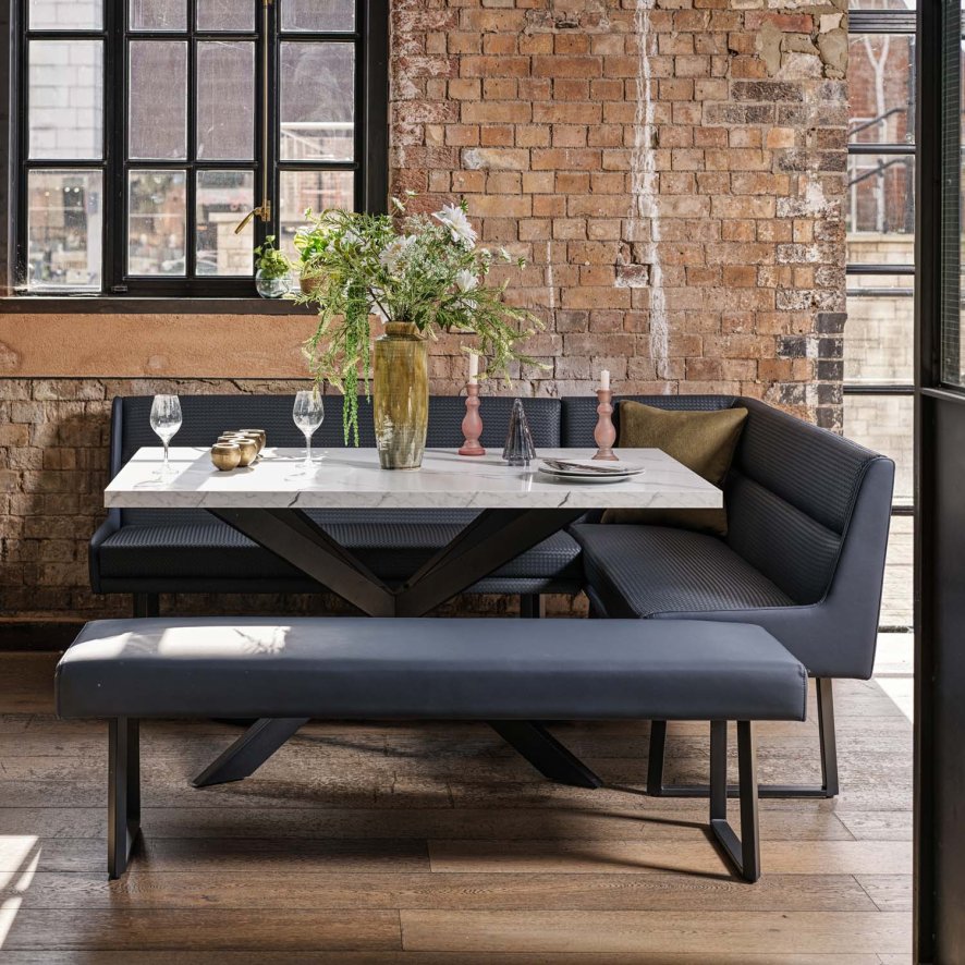 Woods Jupiter Dining Set - Marble Effect - With LHF Corner Bench & Low Bench in Blue