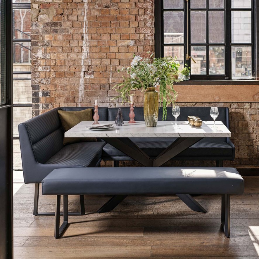 Woods Jupiter Dining Set - Marble Effect - With RHF Corner Bench & Low Bench in Blue