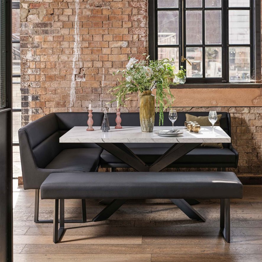 Woods Jupiter Dining Set - Marble Effect - With RHF Corner Bench & Low Bench in Black