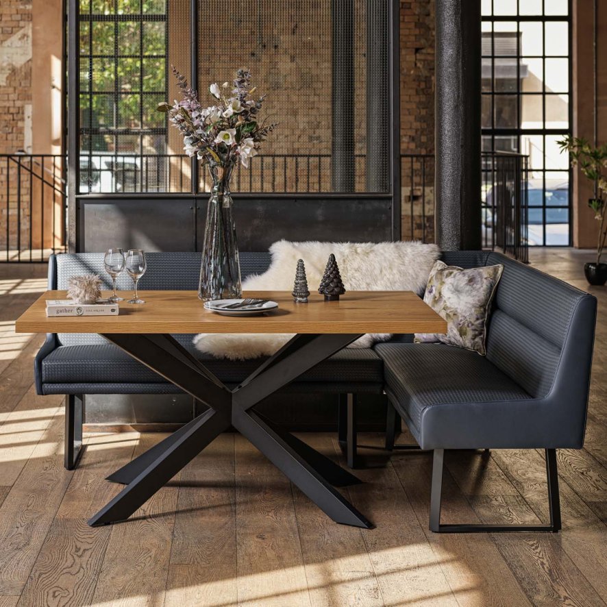 Woods Jupiter Dining Set - Smoked Oak - With LHF Corner Bench in Blue