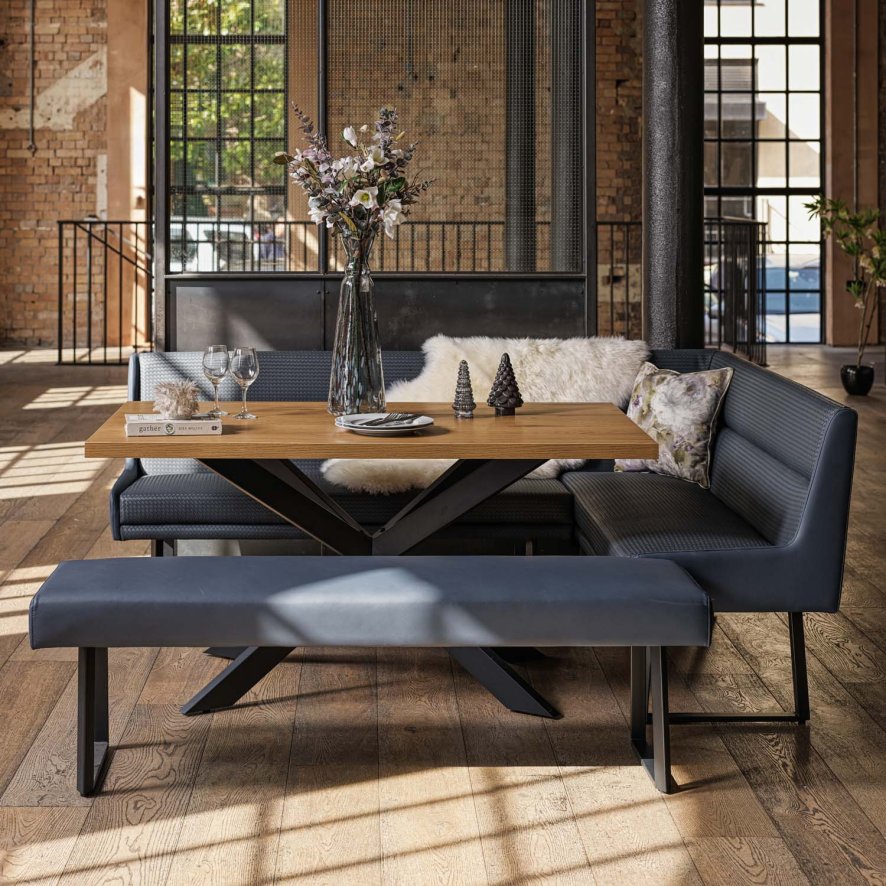 Woods Jupiter Dining Set - Smoked Oak - With LHF Corner Bench & Low Bench in Blue