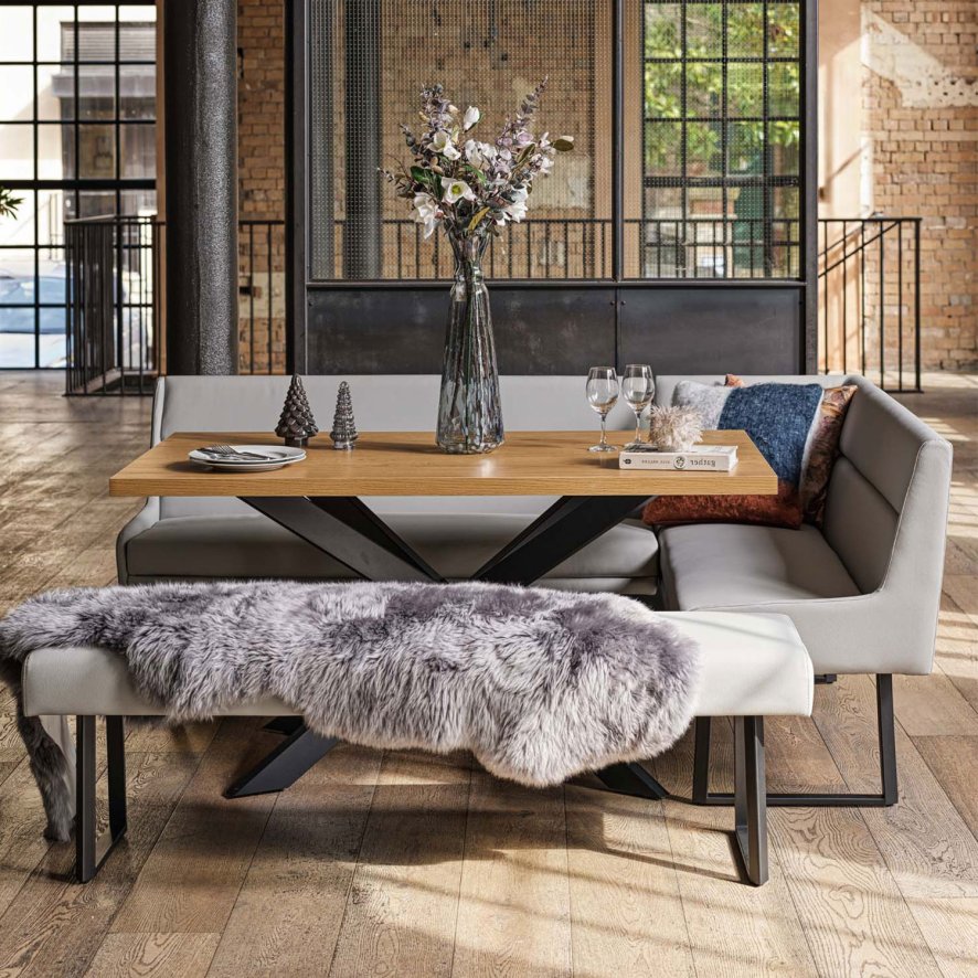 Woods Jupiter Dining Set - Smoked Oak - With LHF Corner Bench & Low Bench in Light Grey