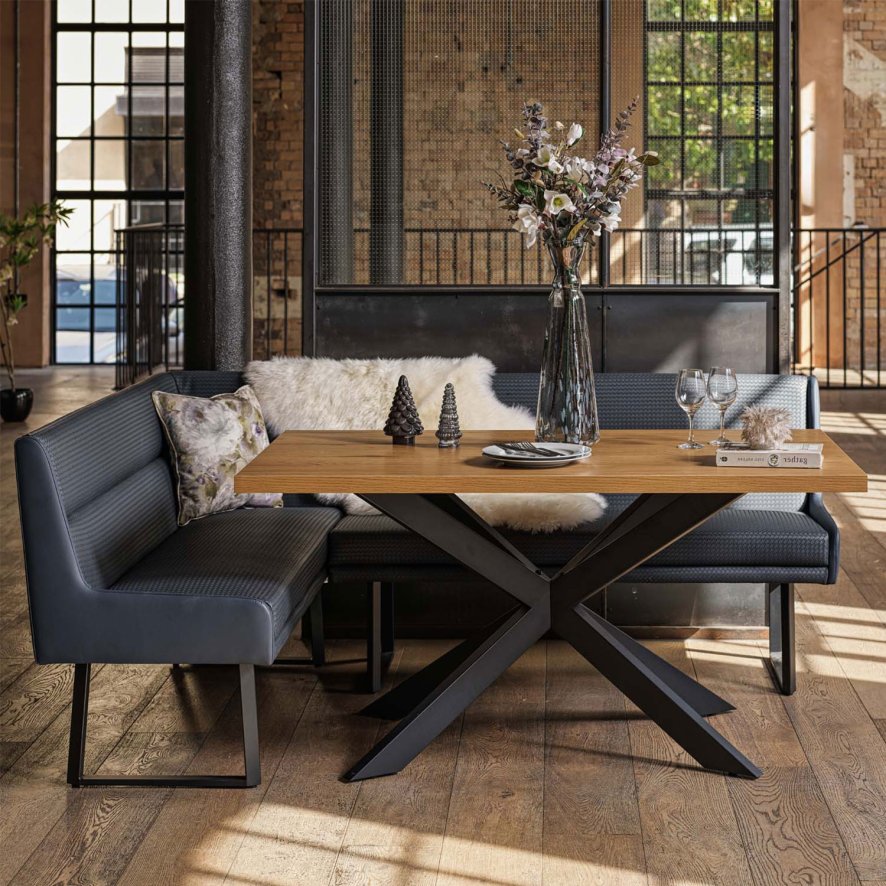 Woods Jupiter Dining Set - Smoked Oak - With RHF Corner Bench in Blue