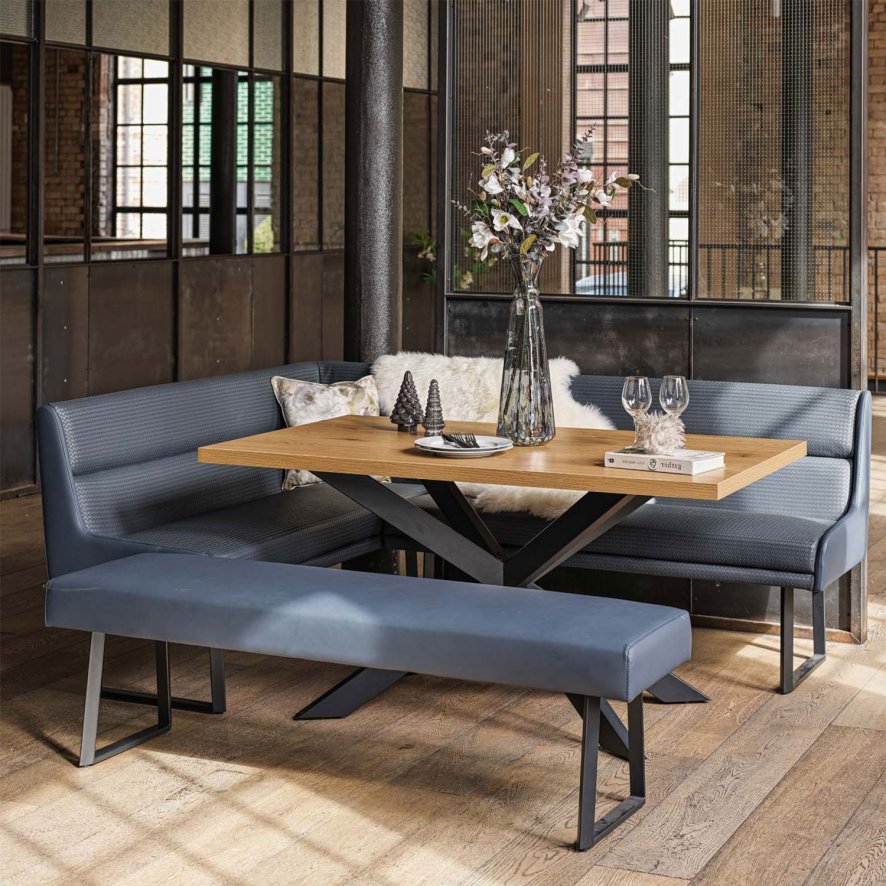 Woods Jupiter Dining Set - Smoked Oak - With RHF Corner Bench & Low Bench in Blue