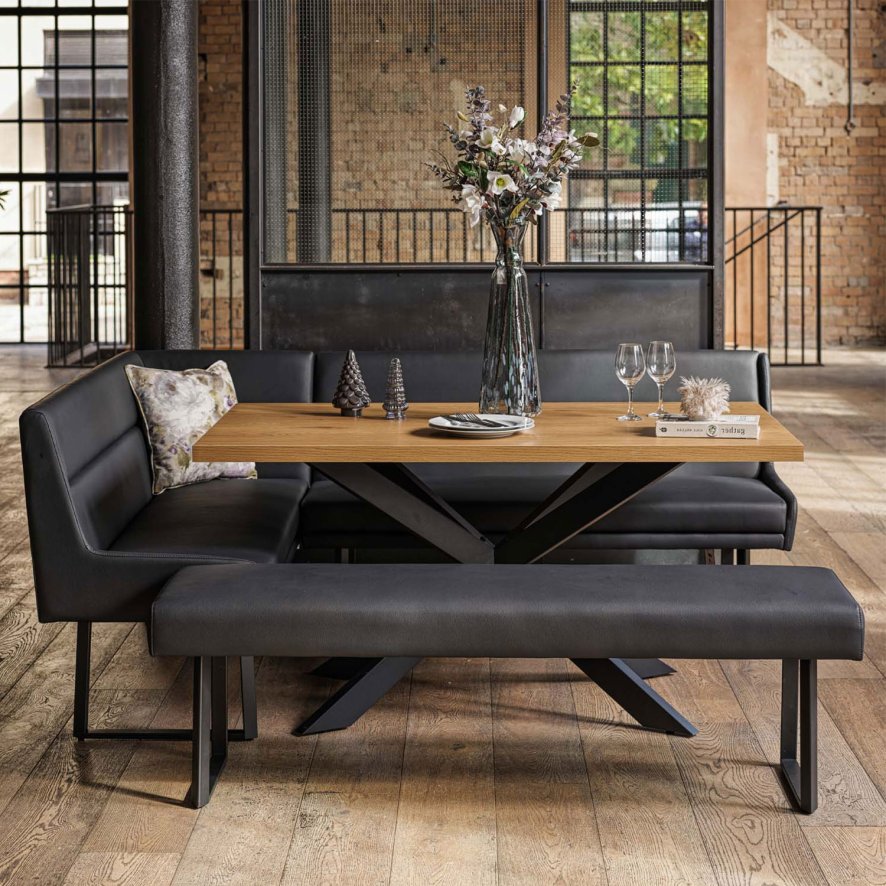 Woods Jupiter Dining Set - Smoked Oak - With RHF Corner Bench & Low Bench in Black