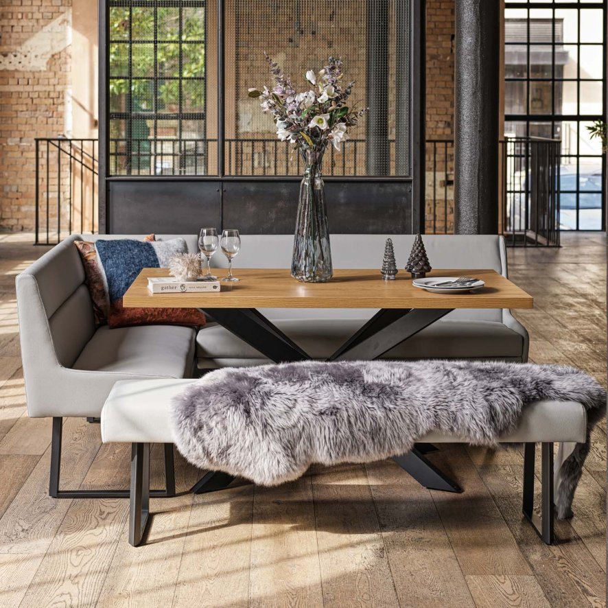 Woods Jupiter Dining Set - Smoked Oak - With RHF Corner Bench & Low Bench in Light Grey