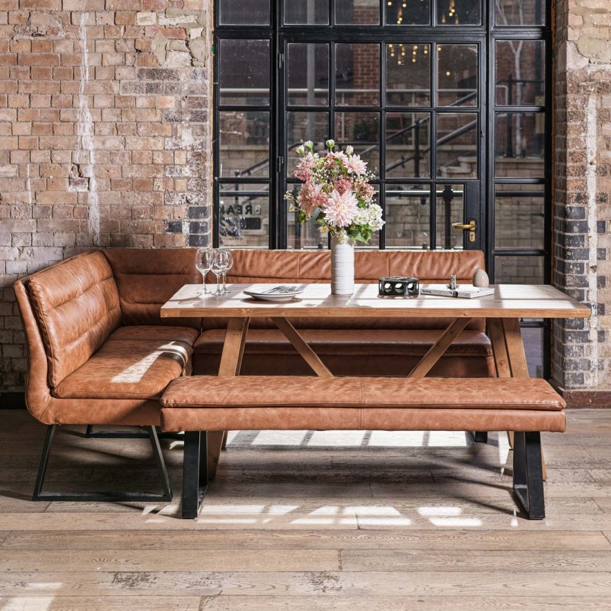 Woods Brisbane 180cm Dining Table & Industrial Corner Bench with Low Bench in Tan