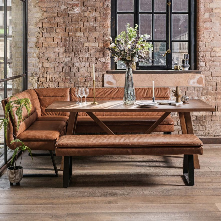 Woods Brisbane 200cm Dining Table & Industrial Corner Bench with Low Bench in Tan