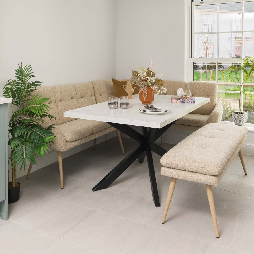 Woods Jupiter 150cm Dining Table - Marble - With Sloane Corner & Low Bench