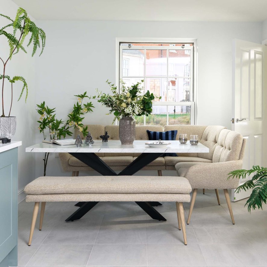 Woods Jupiter 180cm Dining Table - Marble - With Sloane Corner & Low Bench