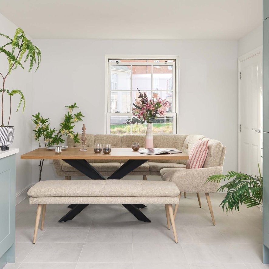 Woods Jupiter 180cm Dining Table - Smoked Oak - With Sloane Corner & Low Bench