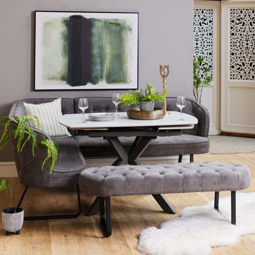 Woods Saturn White Motion Table with RHF Frampton Corner Bench & Low Bench - Anthracite