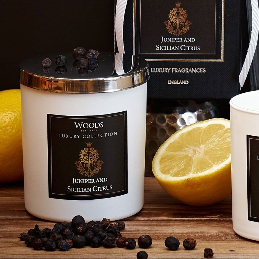 An image of Luxury Single Wick White Glass Juniper and Sicilian Citrus Candle
