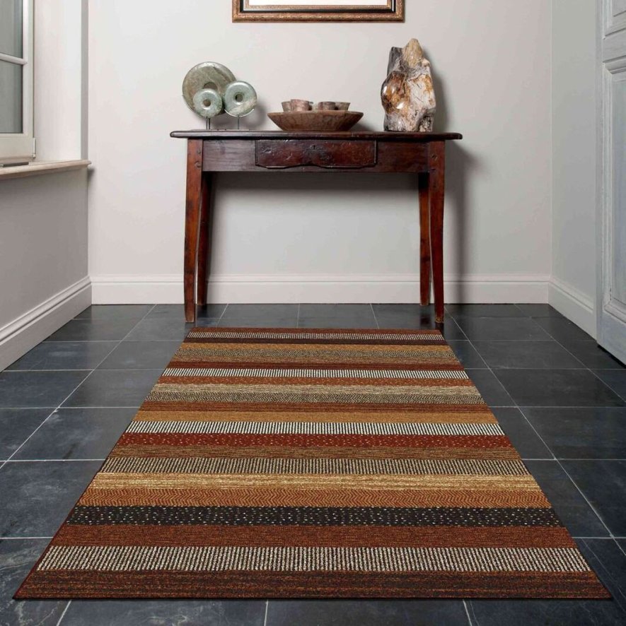 An image of Woodstock Striped Brown and Red Rug - 240cm x 340cm