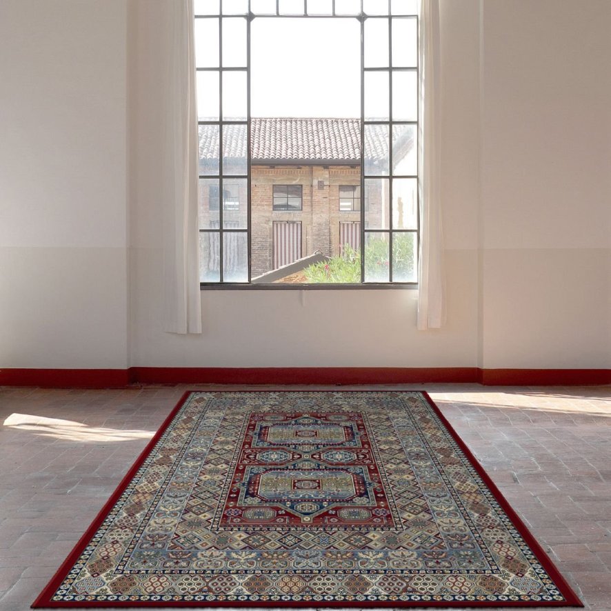 An image of Da Vinci Patterned Red and Blue Rug - 240cm x 340cm