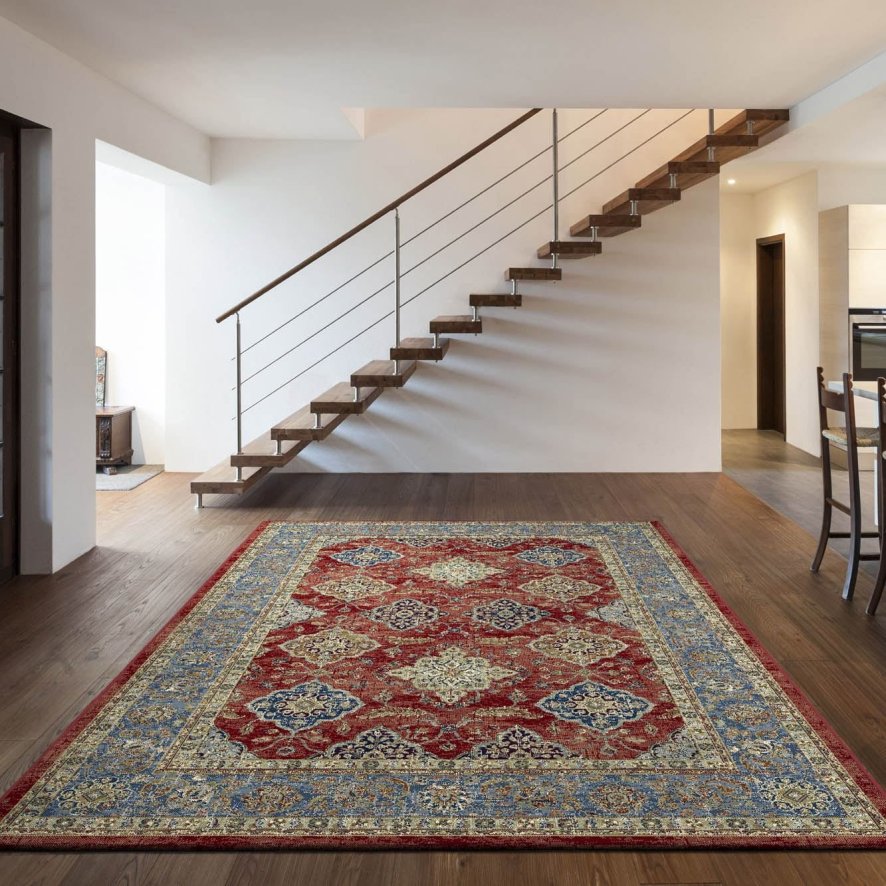 An image of Da Vinci Patterned Blue and Red Rug - 240cm x 340cm