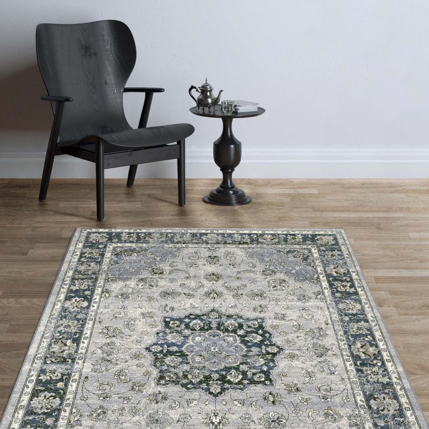 An image of Da Vinci Patterned Blue Rug - 240cm x 340cm