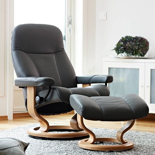 Stressless Consul Recliner With Classic Base And Footstool Medium In Cori Leather