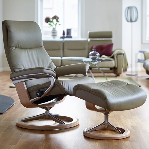 An image of Stressless View Recliner With Signature Base and Footstool - Small in Batick Lea...