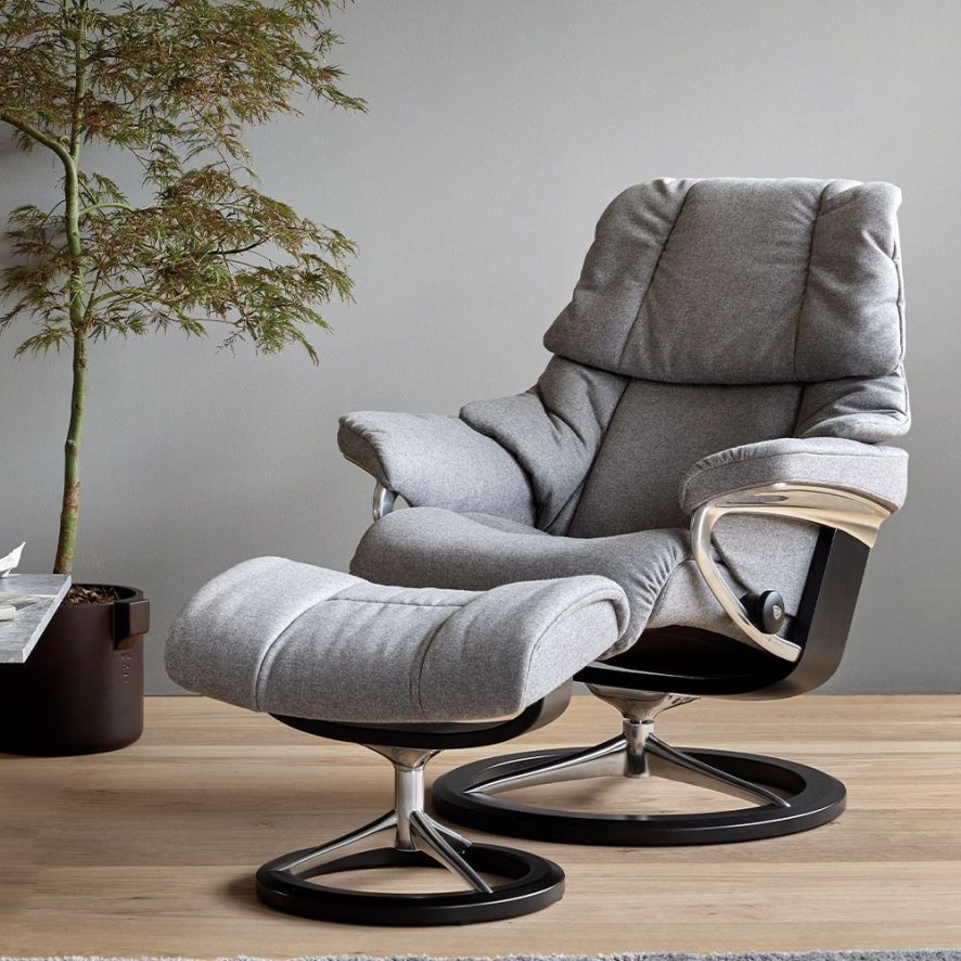 Stressless Reno Recliner With Signature Base And Footstool Large In Noblesse Leather
