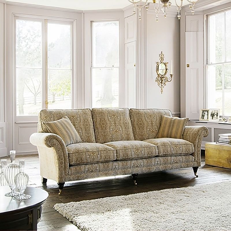 Parker Knoll Burghley Grand Sofa - Nouveau Caramel with Nouveau Stripe Caramel Scatters