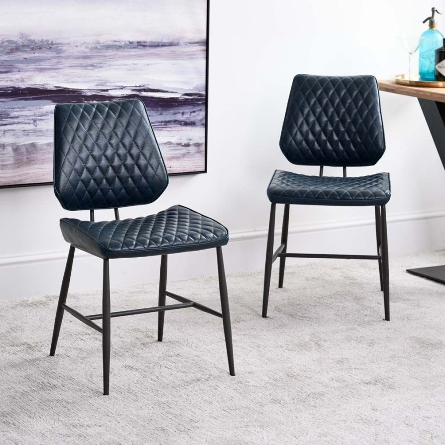 Digby Dark Blue Leather Dining Chairs With Metal Legs