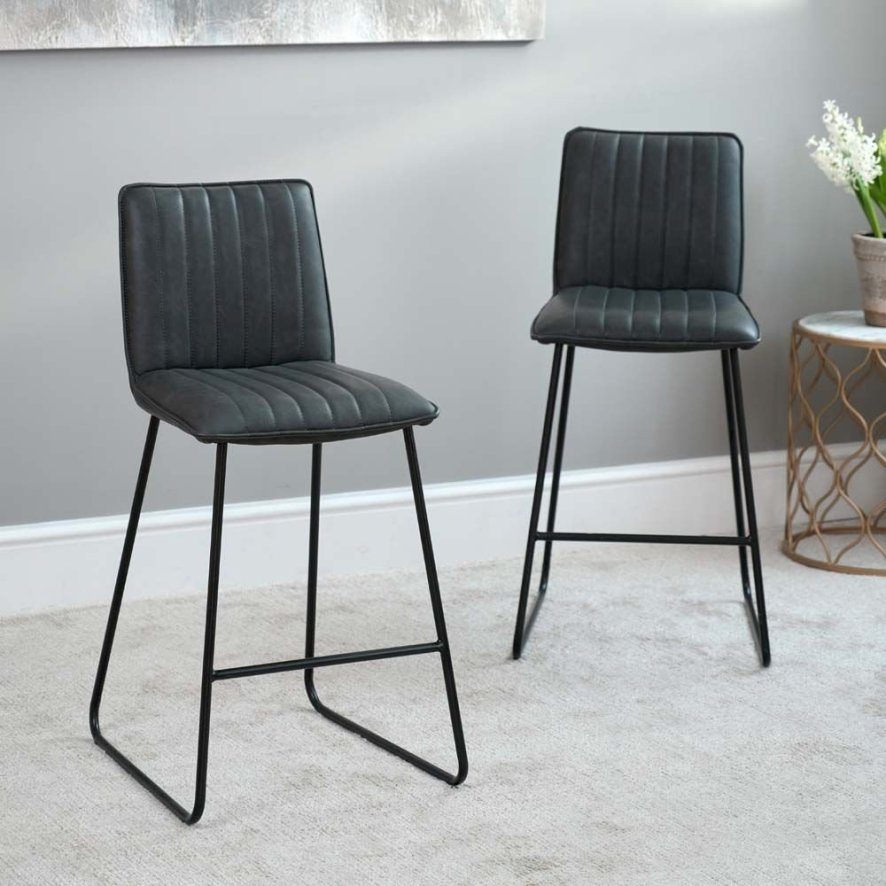 York Bar Stool Grey Set Of 2, Grey Leather Bar Stools With Wooden Legs