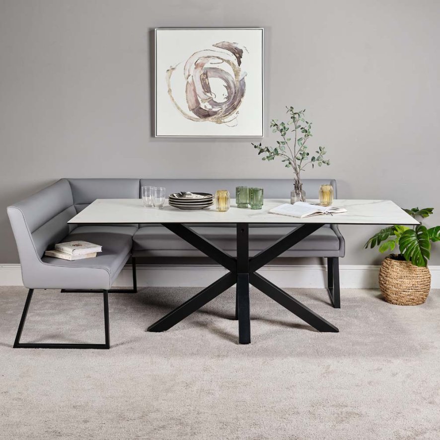 Woods Eastcote White Dining Table 200cm and Paulo Right Hand Facing Bench - Grey