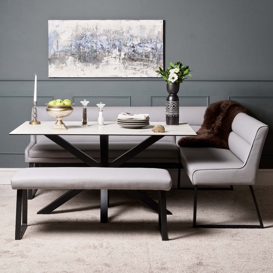 Woods Eastcote White 150cm Dining Table & Paulo Corner Bench (LHF) & Low Bench - Grey