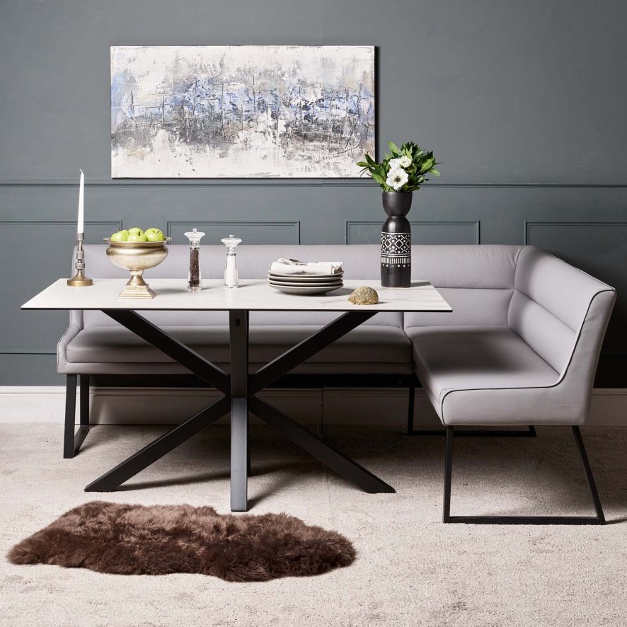 Woods Eastcote White 150cm Dining Table & Paulo Corner Bench (LHF) - Grey