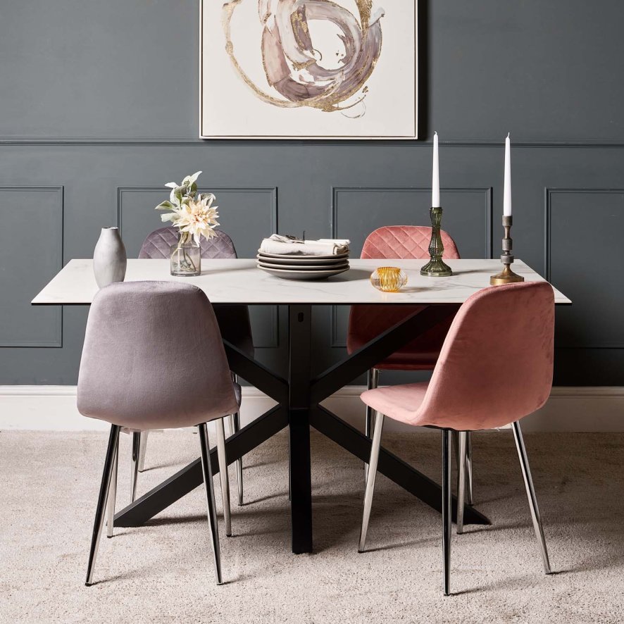 Woods Eastcote White 150cm Dining Table & Archie Chrome Leg Dining Chairs Pink/Grey