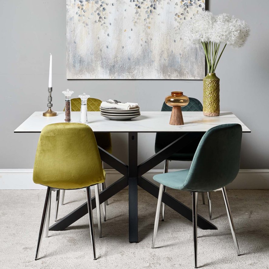 Woods Eastcote White 150cm Dining Table & Archie Chrome Leg Dining Chairs Dark/Light Green