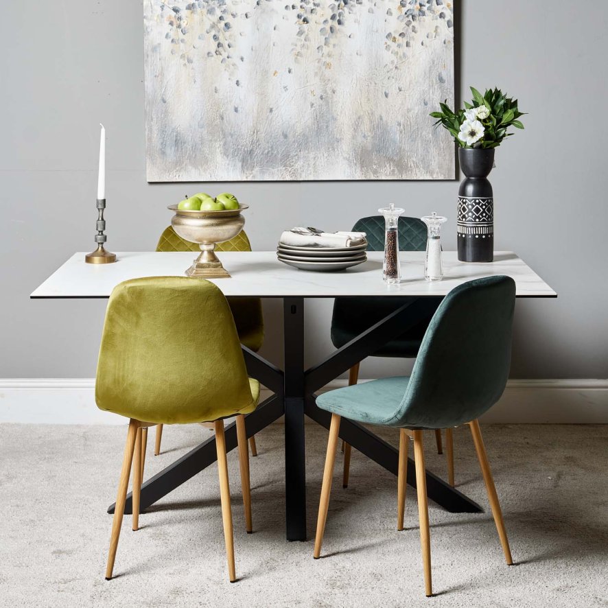 Woods Eastcote White 150cm Dining Table & Archie Wood Effect Leg Dining Chairs Dark/Light Green