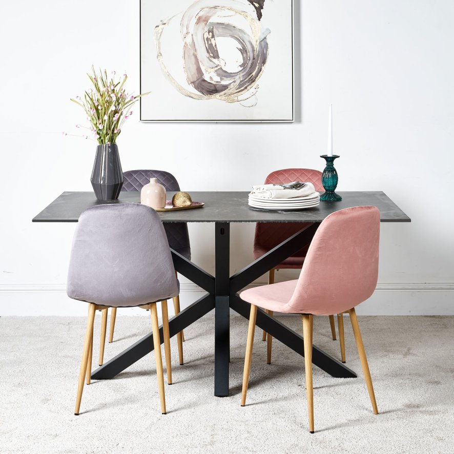 Woods Eastcote Black 150cm Dining Table & Archie Wood Effect Leg Dining Chairs Pink/Grey