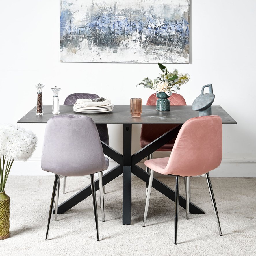 Woods Eastcote Black 150cm Dining Table & Archie Chrome Leg Dining Chairs Pink/Grey