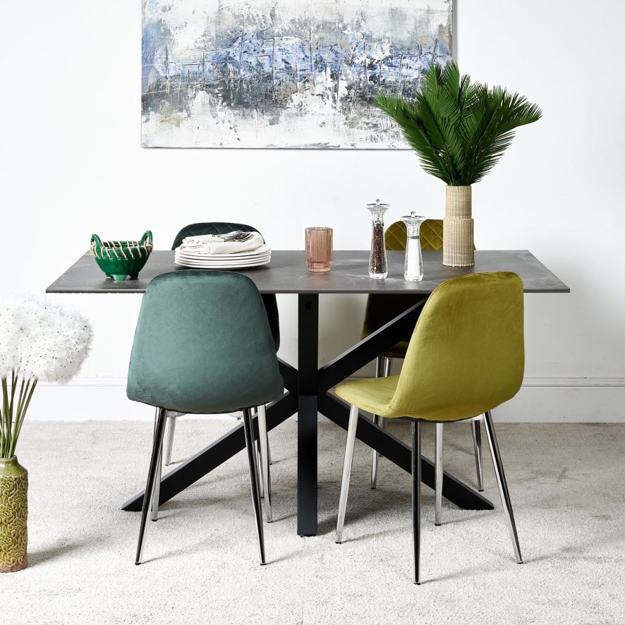 Woods Eastcote Black 150cm Dining Table & Archie Chrome Leg Dining Chairs Dark/Light Green