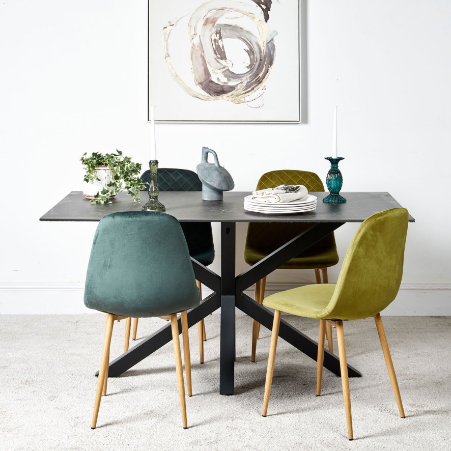 Woods Eastcote Black 150cm Dining Table & Archie Wood Effect Leg Dining Chairs Dark/Light Green