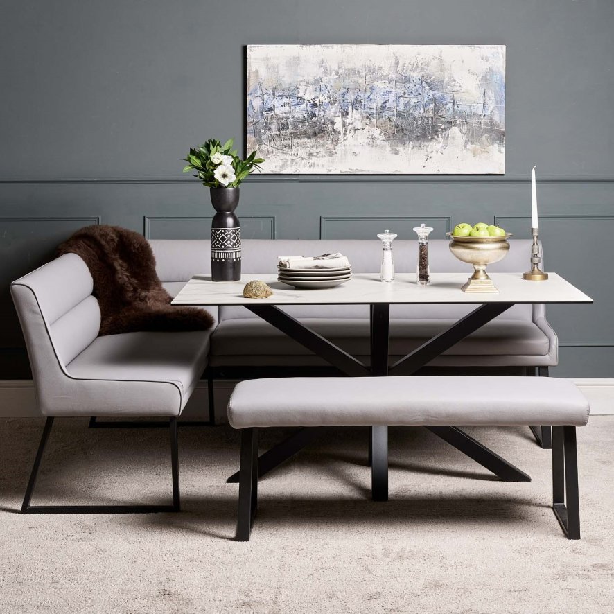 Eastcote White 150cm Dining Table And Paulo Corner Bench Rhf And Low Bench Grey