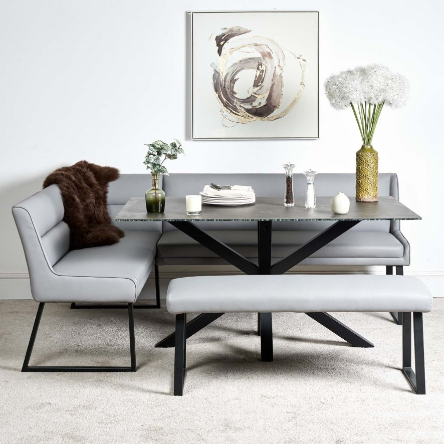 Woods Eastcote Black 150cm Dining Table & Paulo Corner Bench (RHF) & Low Bench - Grey