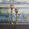 Woods Heptagon Candle Stick in Gold with Removable Chimney Bell Tealight Holder in Brown 29cm