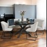 Woods Toscana Motion Table Black with LHF Frampton Corner Bench and 2 Dining Chairs in White